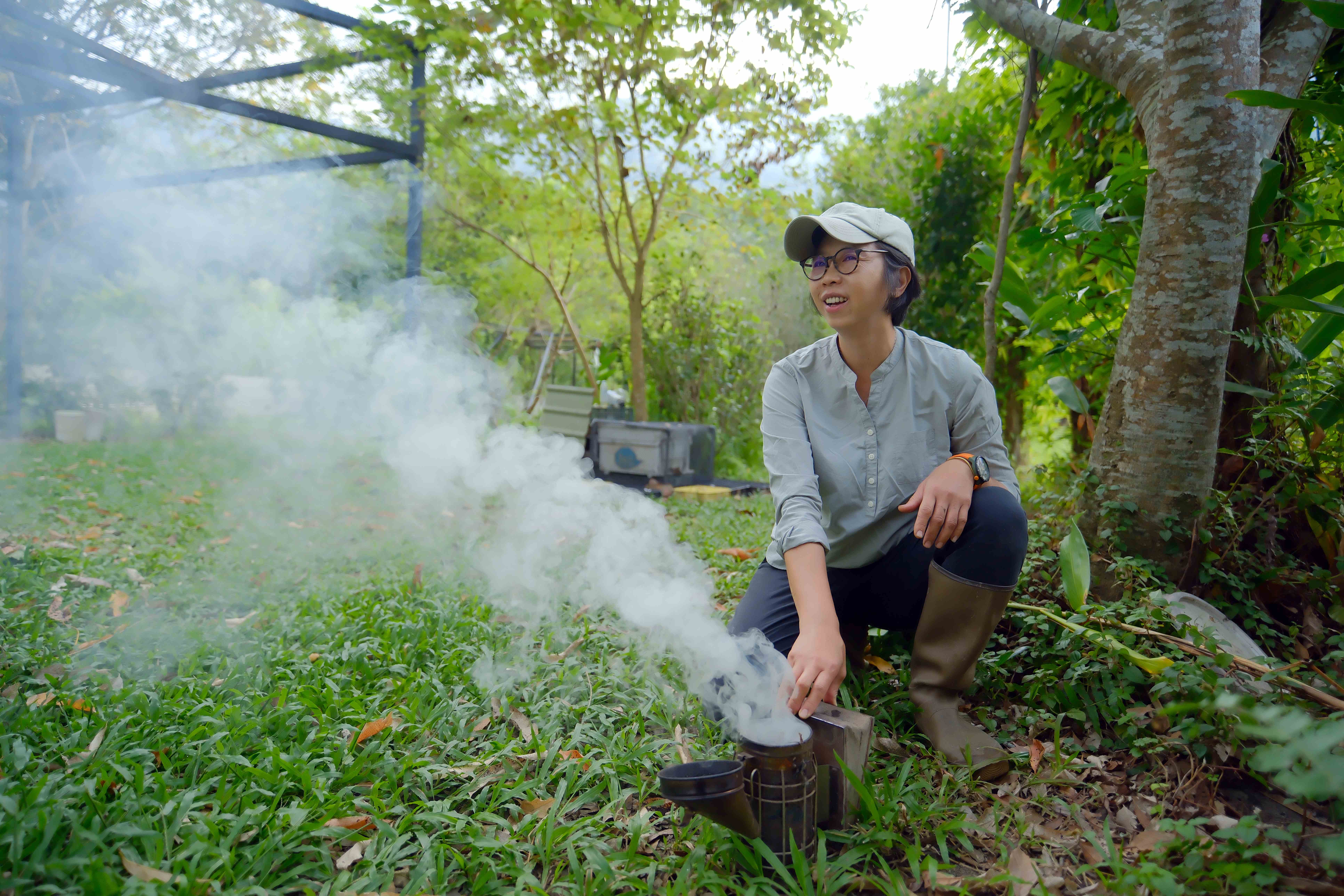 吳憶萍用自製的煙壺製煙，驅趕蜜蜂的天敵：虎頭蜂。