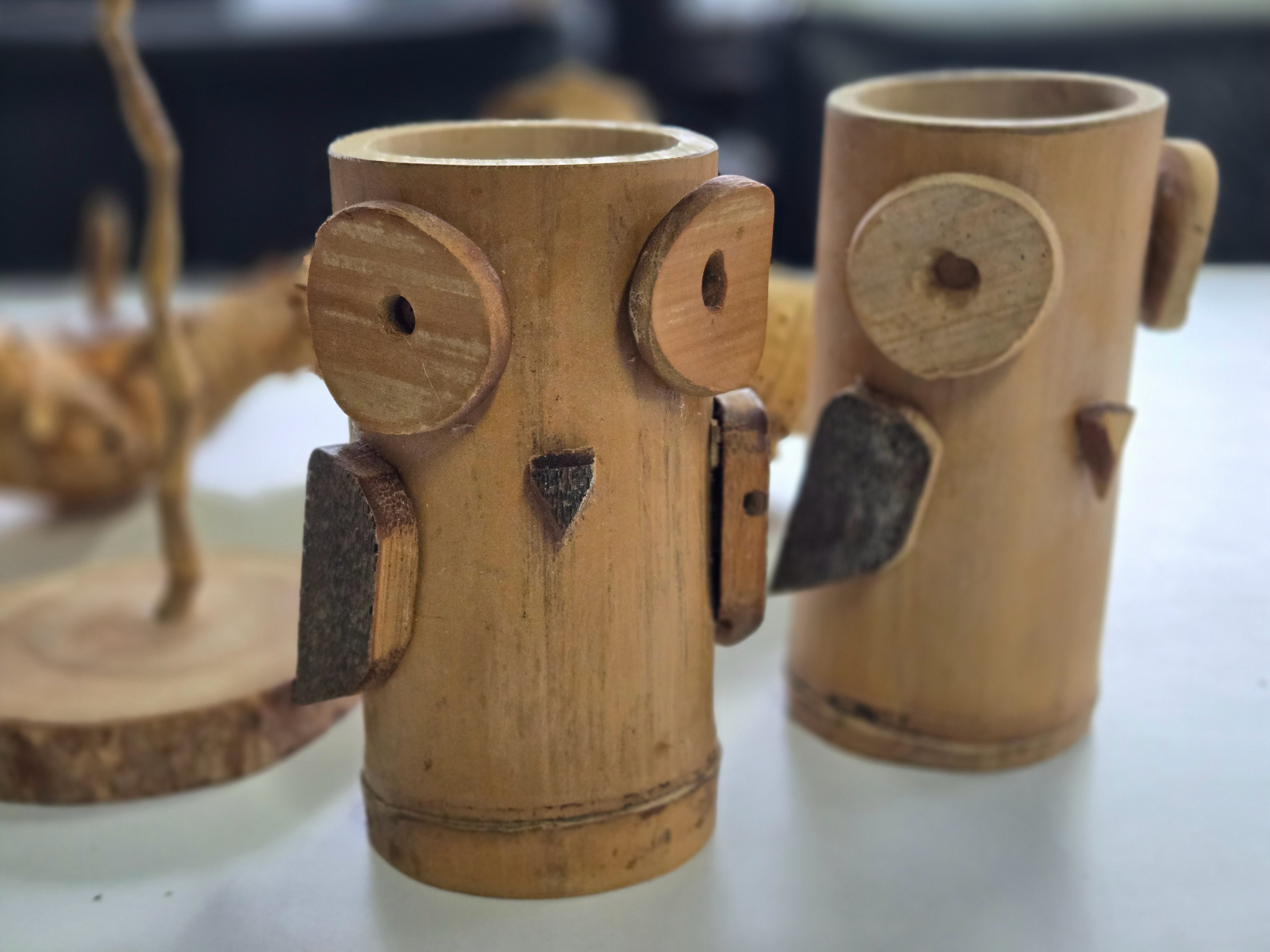 廢竹與廢枝再利用，例如貓頭鷹筆筒DIY材料，暗色的翅膀是老竹才有的紋路。