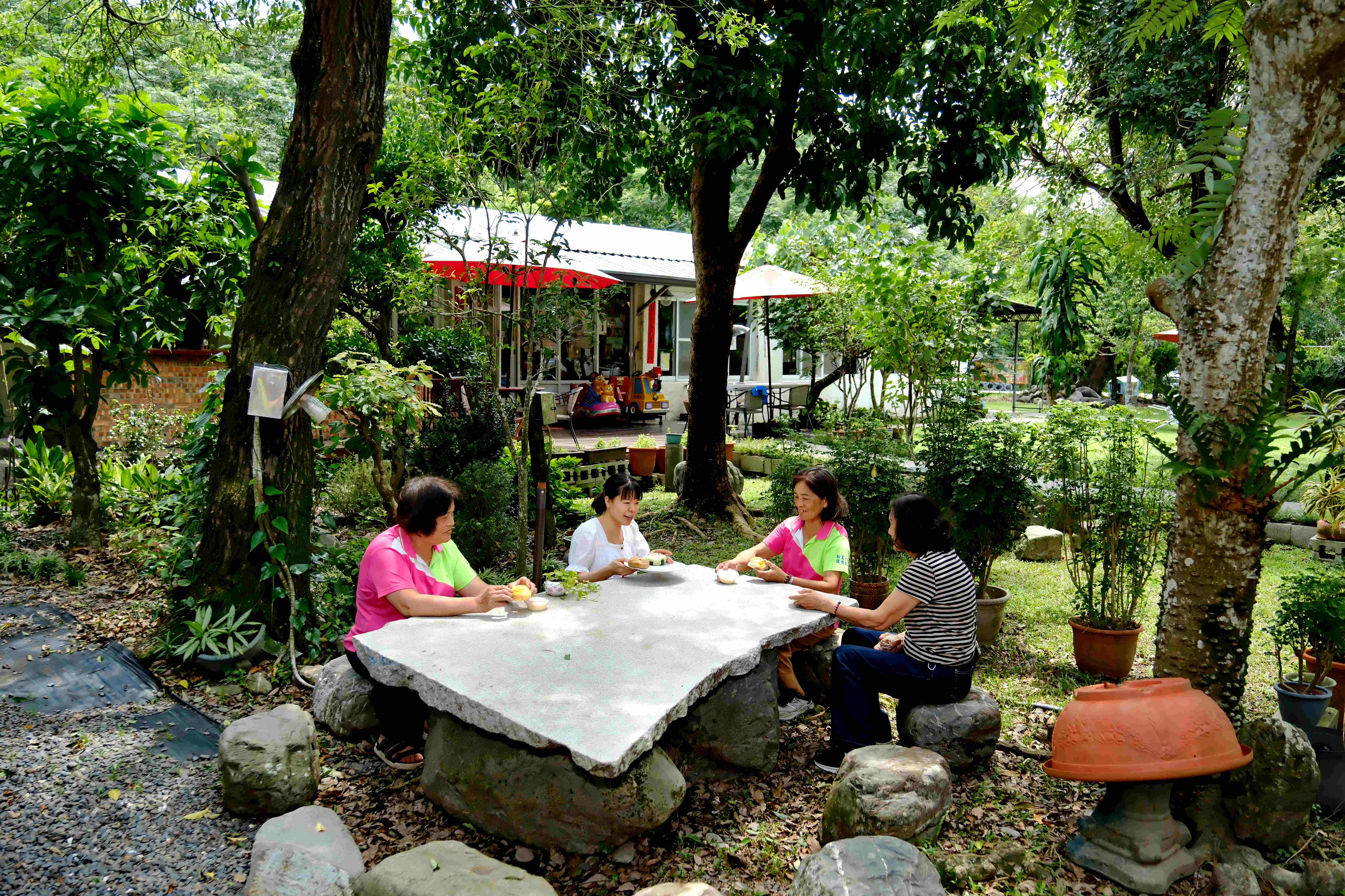 在樹蔭環繞中，品嘗美味羊奶饅頭，是多麼愜意的享受！