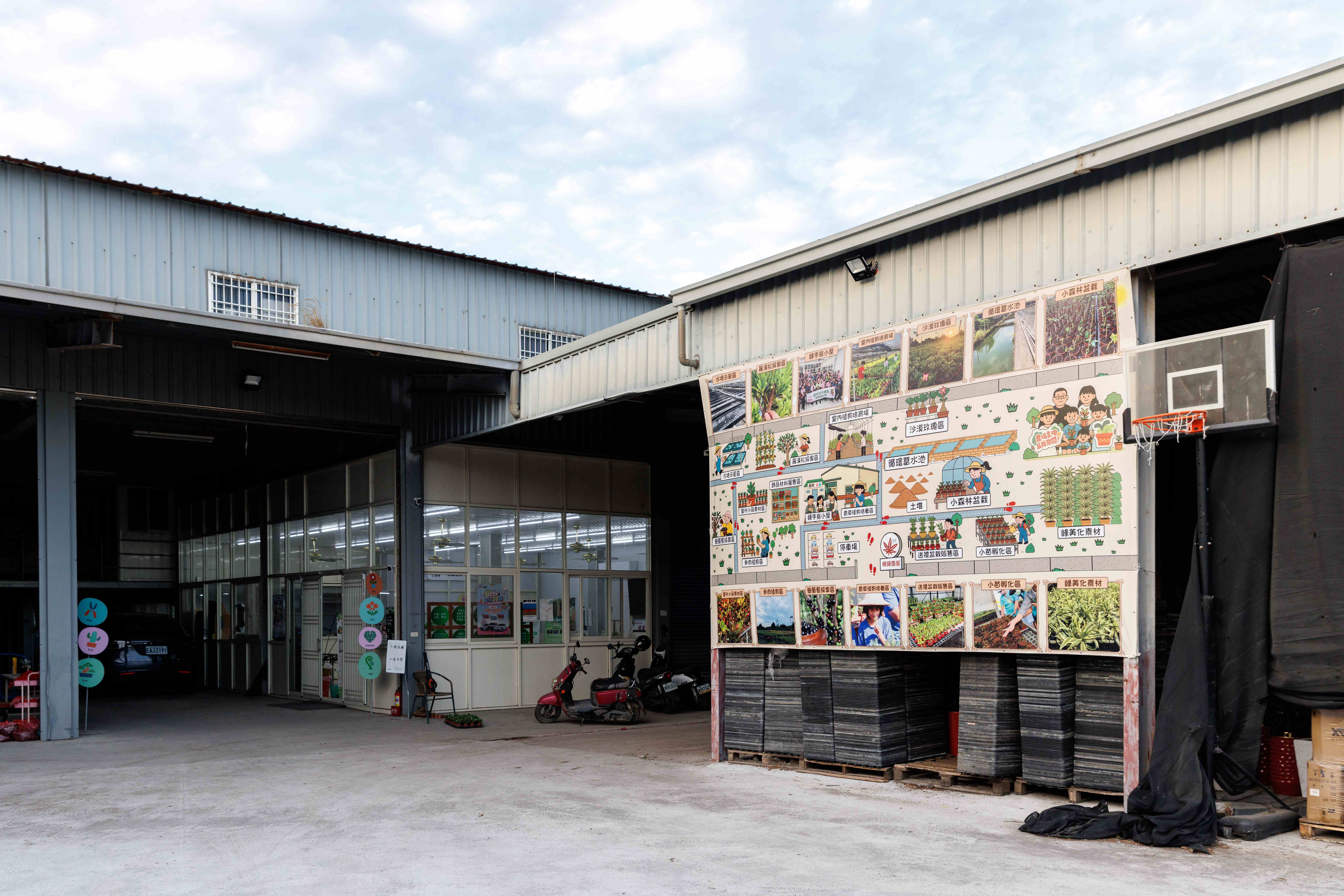 盆栽加工、挑選與出貨皆在此完成，是園區運作的核心基地。