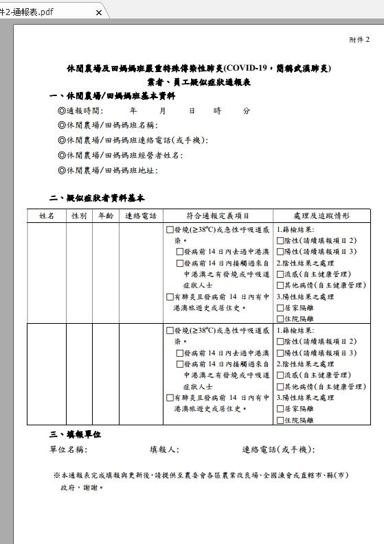 檢送休閒農場及田媽媽班因應嚴重特殊傳染性肺炎 Covid 19 簡稱武漢肺炎 注意事項及處理 台灣休閒農業發展協會